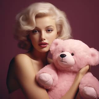 Marilyn Monroe hugging a pink huge toy bear in pink shades