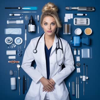 Una mujer elegante en una bata de laboratorio blanca, con ojos azul oscuro y cabello rubio oscuro en carre, rodeada de equipo médico.