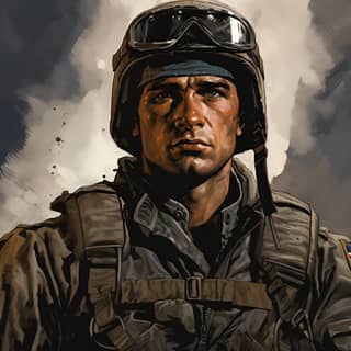 Солдат в военной форме с очками на голове, в стиле жестких комиксов.