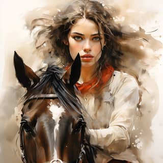 beautiful girl riding a horse closeup front view