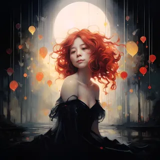 Une personne aux cheveux roux sous une pleine lune et dans une pièce sombre.