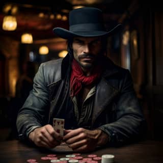 Un uomo con un cappello da cowboy gioca a poker in un salone del selvaggio west.