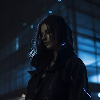 fashion model shoot wearing techwear clothings fashion transparent pearlescent techwear long hair brunette model night city