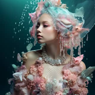 mermaid under the sea wearing glitter foam seaweed wraps neon colour high definition crystal pearl jewelry coral reef condos