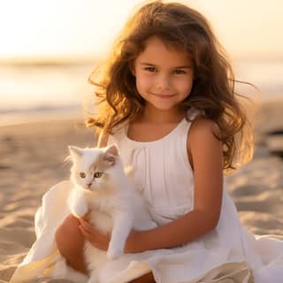 portrait photografy of little girl in white dress with white kitten on empty beach joy mood golden hour Kodak Gold 200 effect