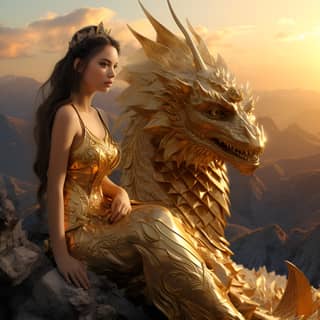 princess with golden dragon at mountain in the style of realistic and hyper-detailed renderings daz3d full body bess hamiti