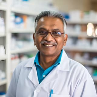 a smiling indian pharmacist in his medicine cabinet in the style of light white and azure repetitive solid and structured