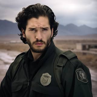 a texas border agent with john snow's face photoshopped onto the border agent