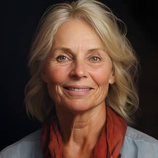 Una donna di 70 anni leggermente in sovrappeso con capelli biondi, occhi blu e un sorriso timido, indossa una sciarpa rossa e una camicia blu.