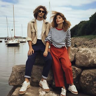 Eine Frau und ein Paar sitzen auf Felsen in der Nähe des Wassers in einer bretonischen Landschaft. Das Paar trägt moderne marineblaue Kleidung und Schuhe.