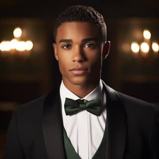 A Handsome young black man with golden skin green eyes and brown hair wearing a Black suit with white bow tie