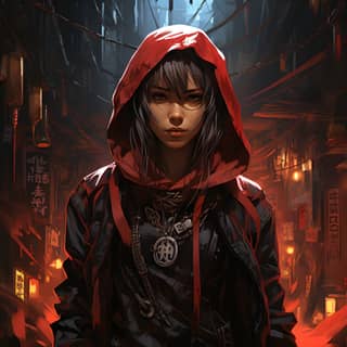 Little Red Riding Hood she is punk Iroquois shaved head almost bald she is cyberpunk a lot of body augmentations stern