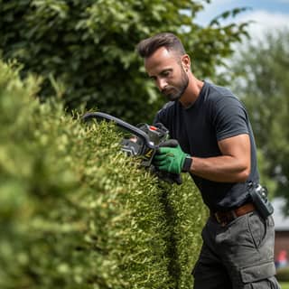 Professional Gardener Operating a Hedge Trimmer, is trimming hedges with a hedge trimmer