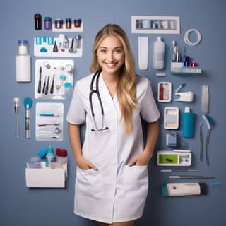 Una mujer sonriente y a la moda con bata blanca rodeada de suministros médicos.