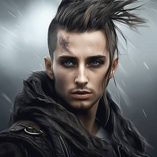 Warrior character hyper realistic mysterious stormy weather, with a mohawk and a black jacket