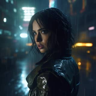 ana de armas in bladerunner 2049 futuristic futuristic busy neo tokyo at night in the rain neon kanji dark melancholy