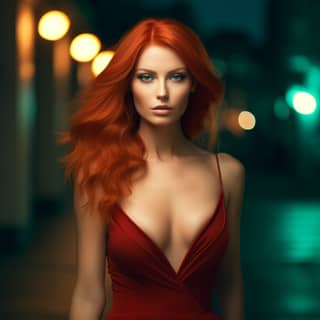 beautiful woman with red hair and light skin in a tight red dress
