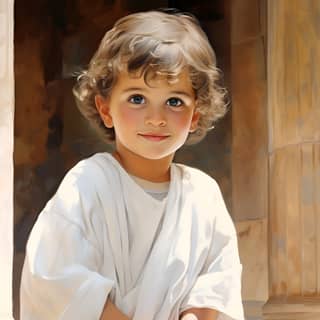 A cute and kind-hearted Socrates with big bright and lively eyes staring in front of around 2 years old dressed in white