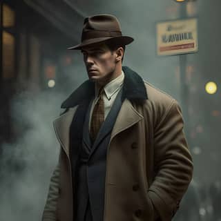 a dark-haired 25-year-old man as a ganster walking in the steamy streets of chicago during the prohibition wearing a grey