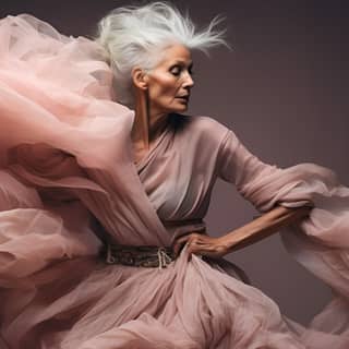 fashion-photography studio photography old woman with a lot of wrinkels and long white hair dancing in a rosé long-sleeved