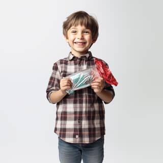 full body studio environment, boy holding a toy car