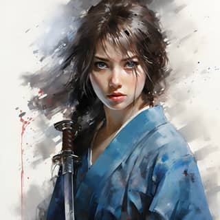 一个蓝眼睛的女孩手握一把武士刀。