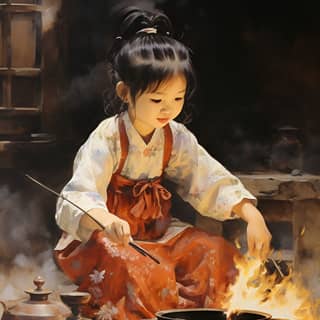 girl cooking over an open fire