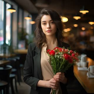 a girl looking straight holding a modest bouquet smile on duty upset looking in a cafe