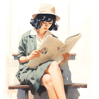 girl reading newspaper by Tsukasa Hojo and Toshihiro Kawamoto white background retro fashion muted pastel colors — ar 3:2 —