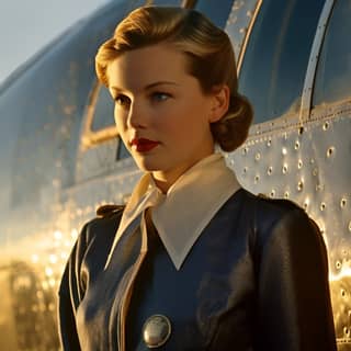 half young Petula Clark standing chrome DC-3 plane 1950s short indigo golden hour