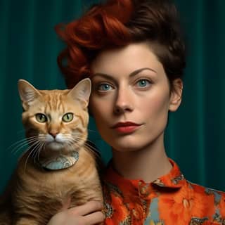 her cat posing proudly for the camera in the style of Elliott Erwitt Unique original colorful and good-natured