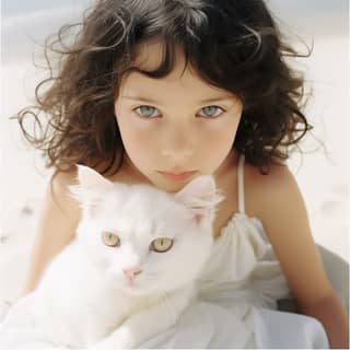 little girl in white dress with white kitten on empty beach natural light polaroid