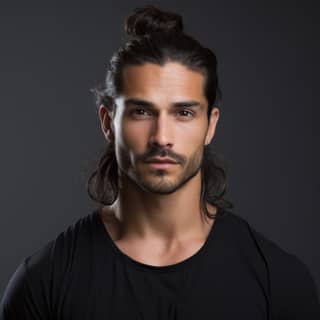 27enne uomo con un caotico chignon, barba e lungo ciuffo di capelli neri.