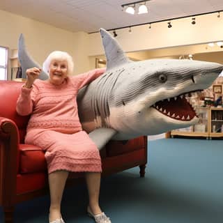 a memaw with her knitted full sized great white shark