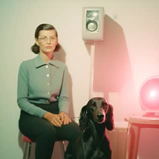 photograph taken on a Polaroid with a bright flash of a blurry woman sitting on a stool next to a small dog with a human