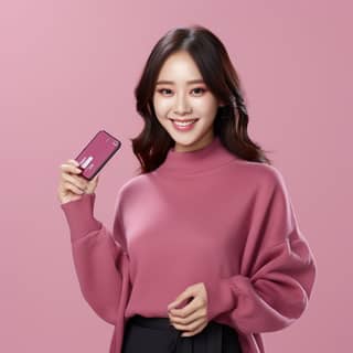 Modelo coreano com suéter rosa sorrindo enquanto segura um smartphone e um cartão de crédito.