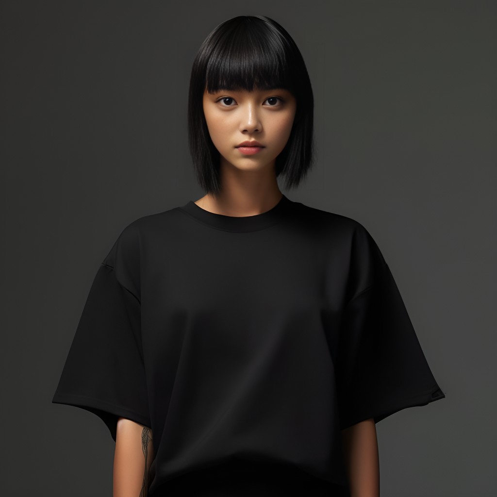 a solid black box-cut t-shirt high definition model-shoot japanese vibes