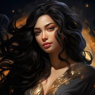 woman with long dark hair She stares boldly and has a mischievous smile She has an appearance of all-knowing like she may