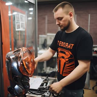 Travaillant sur un robot dans une usine, en chemise noire.