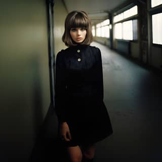 "A 1960s mod female model in a photography studio waiting for her photoshoot to start