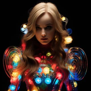 Alice in wonderland Lite Brite art swirling movements, in a dress with colorful lights