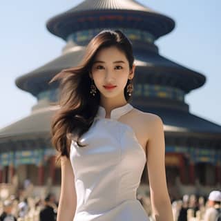 Beautiful chinese young female model IW 2 in front of a temple of heaven in Beijing with the sun behind in the style of