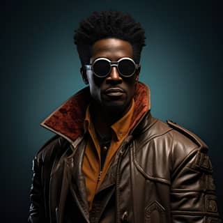 Retrato futurista dinâmico neo-noir do casaco marrom afro militante de Wesley Snipes com gola de couro no estilo de impressão realista, coldre de ombro, cores quentes e sombrias, atraente cyberpunk noturno de alto núcleo sombrio, tons armados, fumos retroiluminados vermelhos suaves e brilhantes em branco e marrom escuro.