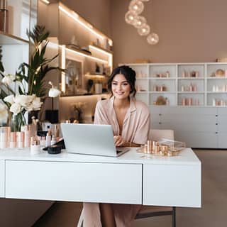 Giovane donna entusiasta in un elegante salone di bellezza con arredamento moderno, seduta a un tavolo con un laptop di fronte a lei, al lavoro in un ambiente professionale.