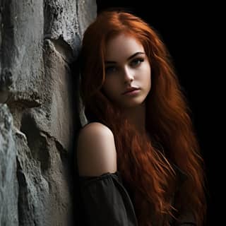 A Fantasy Female Rogue Leaning back against a broken stone wall with her arms folded infront of her chest long red hair