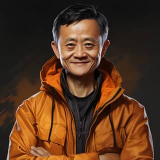 un hombre asiático en una chaqueta naranja y negra. Jack Ma, de 55 años de China, sin emoción en todo el cuerpo. hombre sonriente con los brazos cruzados.