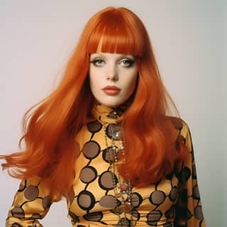 Kate Pierson degli anni '90 con i capelli arancioni luminosi e un vestito a pois, insieme a una modella con lunghi capelli rossi che indossa un vestito a pois.