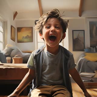 Niño sentando en la sala de su casa señalando con el dedo tiene un expresion facial feliz