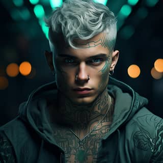 Olivio Rell aged 25 years White hair pulled back and shaved on the sides green eyes stubble tanned skin and tattoos in the