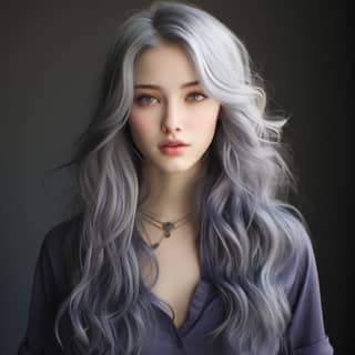 Ultra-realistic close-up of a late 40s, with long, wavy hair